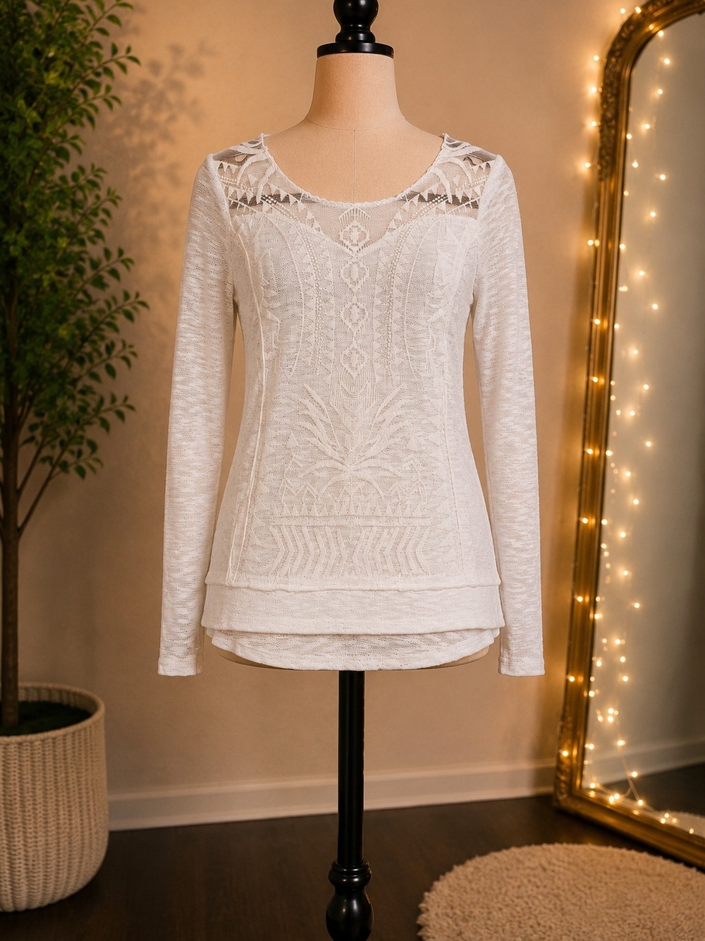 Xhilaration White Lace-Yoke Long Sleeve Top